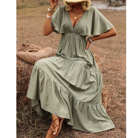 Boho Solid Deep V neck Butterfly Sleeve Ruffle Hem Maxi Dress - Picture 4 of 9
